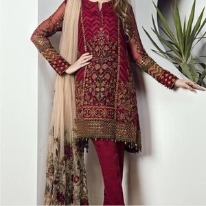 Baroque Red and Gold Embroidered Dress with Dupatta